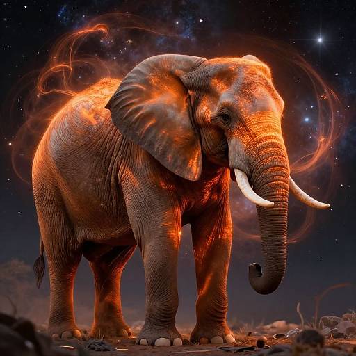 Photorealistic digital artwork of a glowing, orange-lit elephant with large white tusks, standing in a starry night sky, surrounded by cosmic
