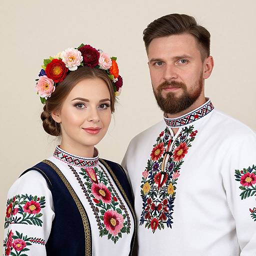 Photograph of a bearded man and a woman with a floral head wreath, both wearing traditional white floral embroidered shirts.