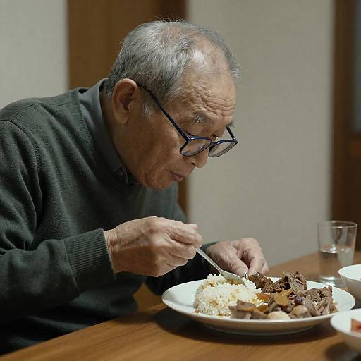 Elderly Man Eating at Wooden Table