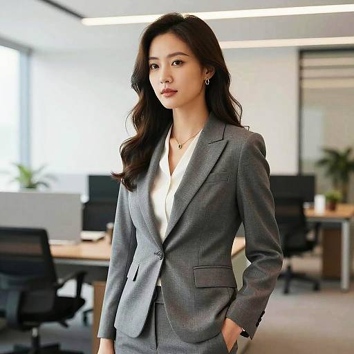 Photograph of an Asian woman with long dark hair, wearing a gray blazer over a white blouse, standing confidently in a modern, bright office with