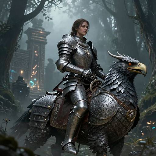 Digital artwork of a medieval knight in detailed silver armor riding a dark-feathered, armored griffin through a misty, enchanted forest with ancient ruins