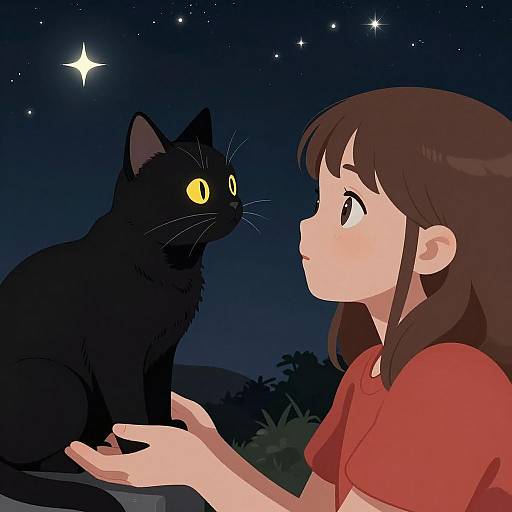Girl and Cat Under the Starry Sky