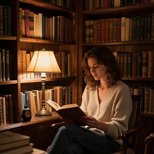 Photograph of a woman with wavy brown hair, wearing a white knit sweater, reading a book in a dimly lit library, illuminated by a
