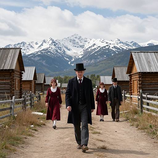Photograph of four Victorian-era dressed people walking on a dirt path between wooden cabins, with snow-capped mountains in the background.