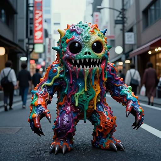 Photograph of a vibrant, multicolored, slime-like monster with sharp teeth and claws standing on a busy urban street at night.