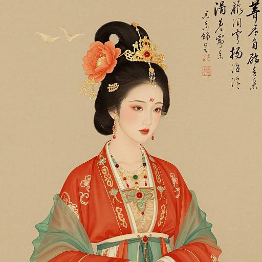 Digital artwork of a Japanese geisha with black hair, red floral hairpiece, gold crown, red kimono, green sash, and jewelry,