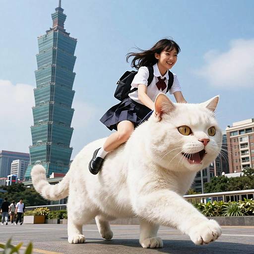 Girl Riding Giant Cat in Taipei City