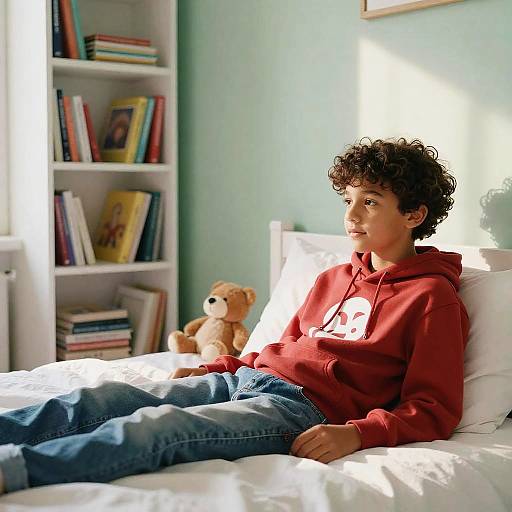 Teen Boy Relaxing on Bed in Pastel Green Bedroom
