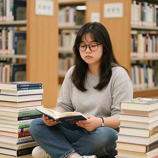 Chubby Korean Girl Studying in Library