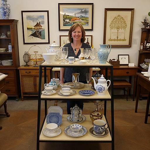 Antique Shop Interior with Smiling Woman