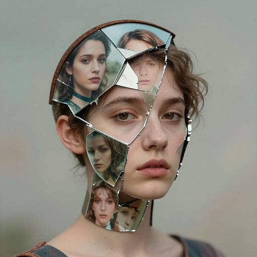 Photograph of a young woman with short brown hair, wearing a fragmented mirror headpiece, showing multiple images of her face on the mirror pieces, against