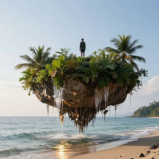 Photograph of a lone silhouette standing on a floating island with palm trees, vines, and lush greenery, above a tropical beach at sunset.