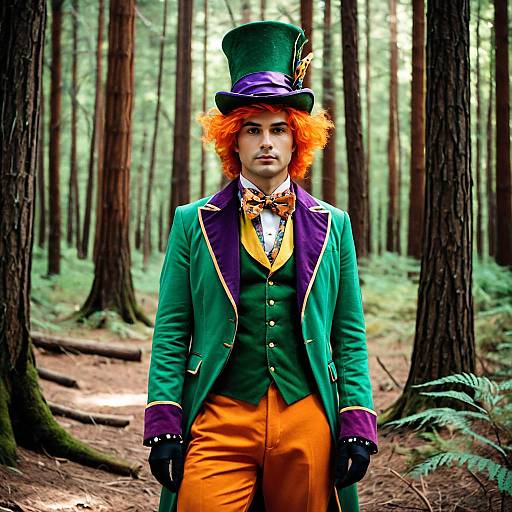 Man in Mad Hatter Costume in Forest