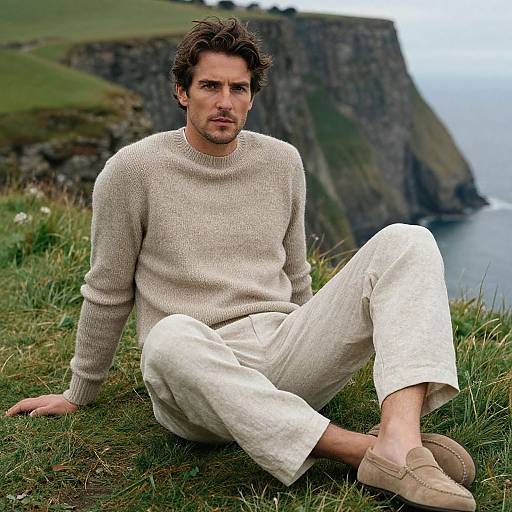 Photograph of a handsome, brown-haired man in beige sweater and white pants, sitting on grassy cliff overlooking ocean and rocky coastline.