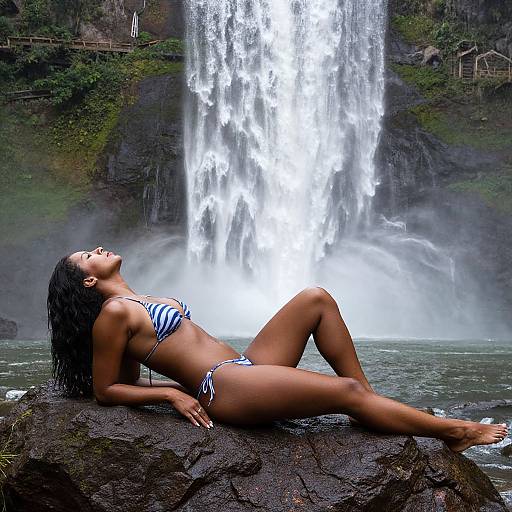 Photograph of a dark-haired woman in a blue-and-white striped bikini, reclining on a wet rock, gazing at a powerful waterfall.