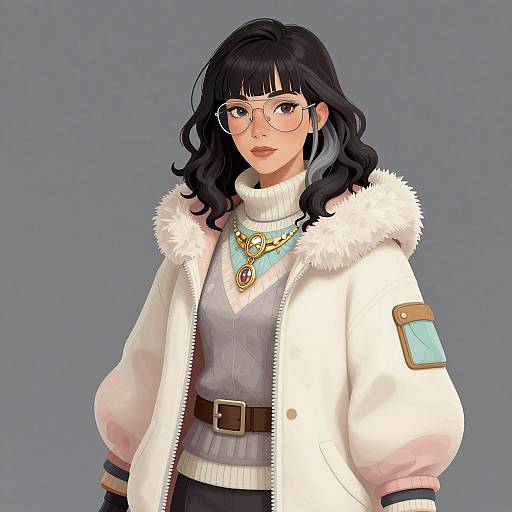 Digital anime-style drawing of a stylish woman with wavy black hair, glasses, wearing a white fur-trimmed coat, gray turtleneck,