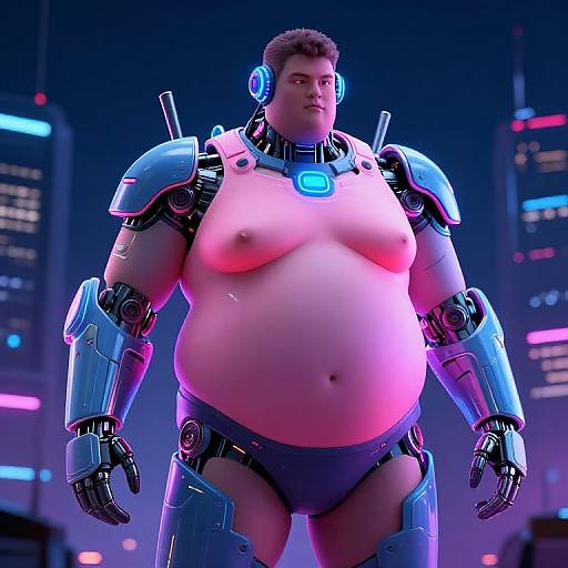 CGI image of a heavily overweight, topless man with robotic armor, neon lights, blue headphones, and black briefs, standing confidently.