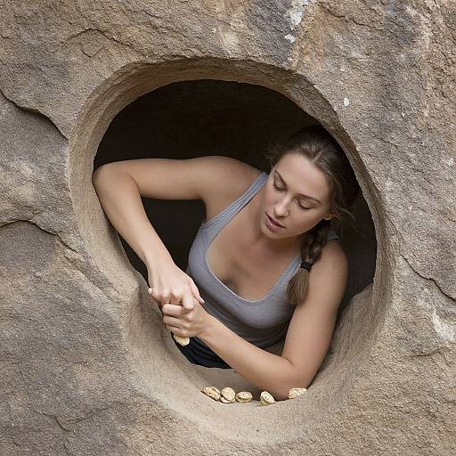 Photograph of a young woman with fair skin and brown hair in a braid, wearing a gray tank top, peering out of a rocky hole