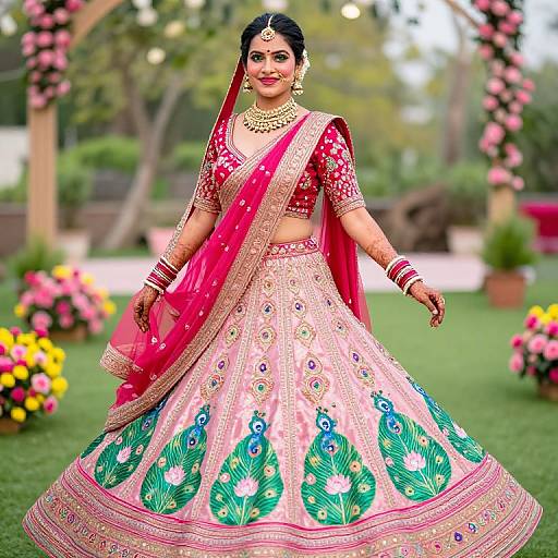 Photograph of a smiling Indian bride in a vibrant pink lehenga with peacock feather embroidery, adorned with gold jewelry, standing in a colorful garden.