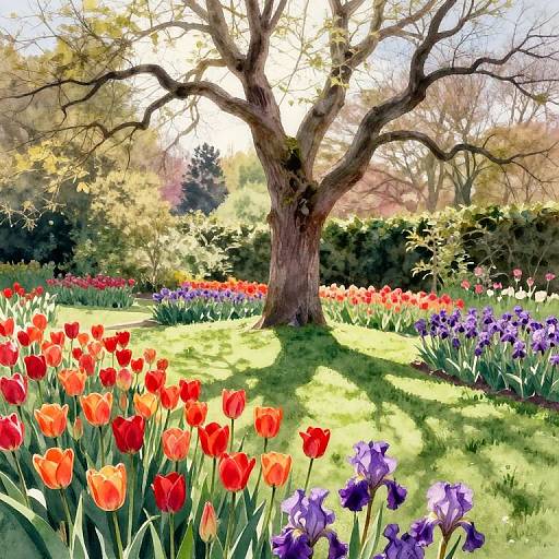 Photograph of a sunlit garden with a large tree, surrounded by vibrant red, orange, and purple tulips on green grass.