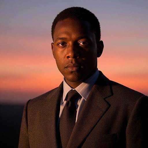 Photograph of a serious Black man in a dark suit, white shirt, and black tie, against a vibrant sunset sky.