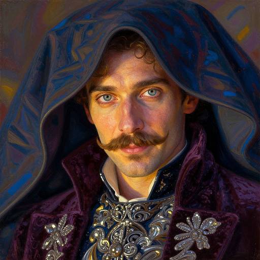 Digital painting of a mustached man with blue eyes, wearing a dark, ornate cloak with floral brooches, illuminated by vibrant, warm light