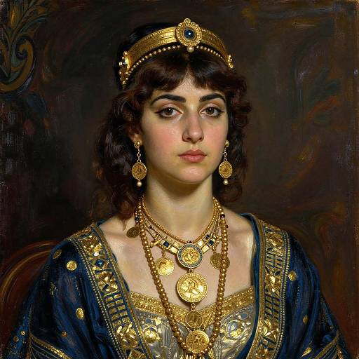 Digital painting of a regal woman with dark curly hair, wearing a gold headpiece, earrings, and intricate golden jewelry, in a dark, orn