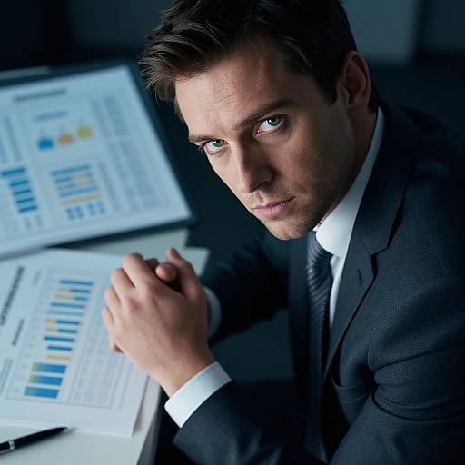 Photograph of a serious, blue-eyed, dark-haired man in a black suit, white shirt, and striped tie, looking intently at graphs on