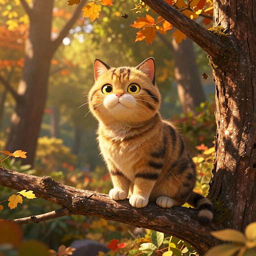 Realistic Cartoon Cat in Autumn Forest