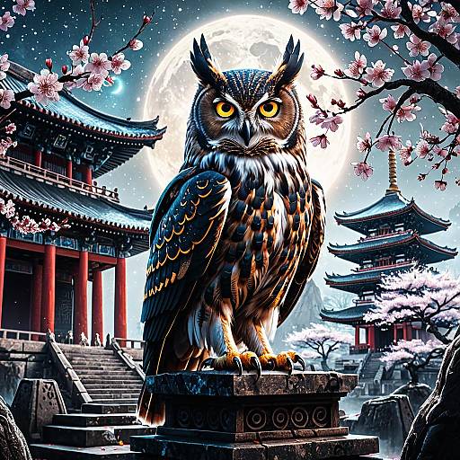 Enigmatic Owl at Misty Cherry Blossom Temple