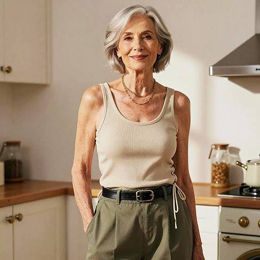 Photograph of an elderly woman with short gray hair, wearing a white tank top and olive green pants, standing in a sunlit kitchen.