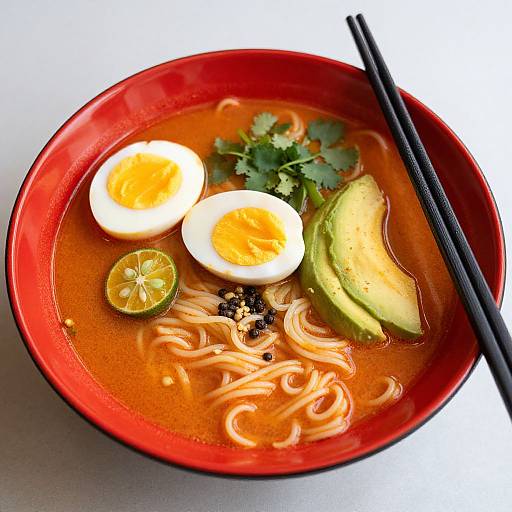 Photograph of a red bowl with ramen noodles, two boiled egg halves, avocado slices, lime wedge, cilantro, and black sesame seeds, with