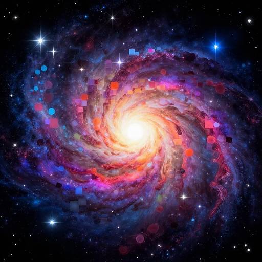 Photograph-style digital artwork of a vibrant, glowing spiral galaxy with colorful neon-like pixels, bright white core, and surrounded by starry space.