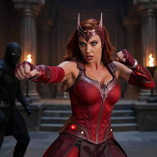 Digital artwork of a fierce, red-haired woman in a red, armored costume, punching forward in a dimly lit, gothic hall. A shadow