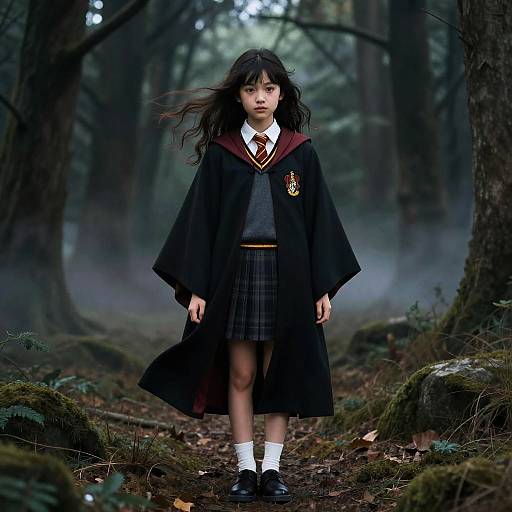 Young Girl in Hogwarts Gryffindor Uniform in Forest