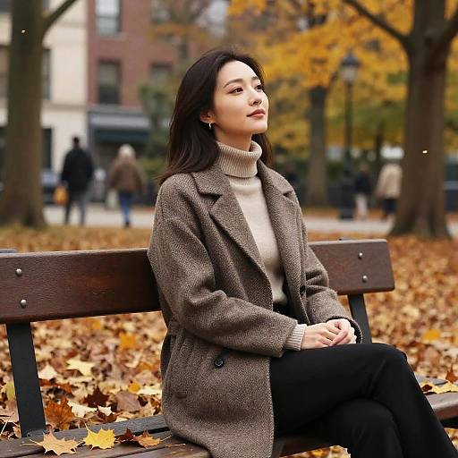 Woman in Autumn Park Sitting on Bench
