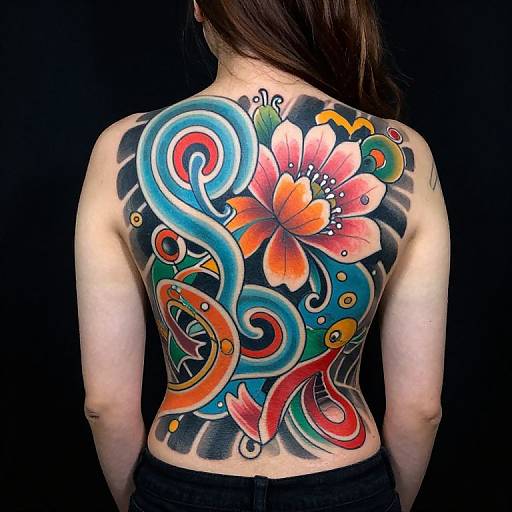 Photograph of a person's back showcasing vibrant, colorful tattoo of swirling waves, flowers, and abstract patterns in blue, red, orange, and green