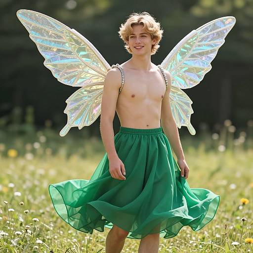 Photograph of a young, shirtless boy with curly blonde hair and translucent fairy wings, wearing a flowing green skirt, smiling in a sunlit me