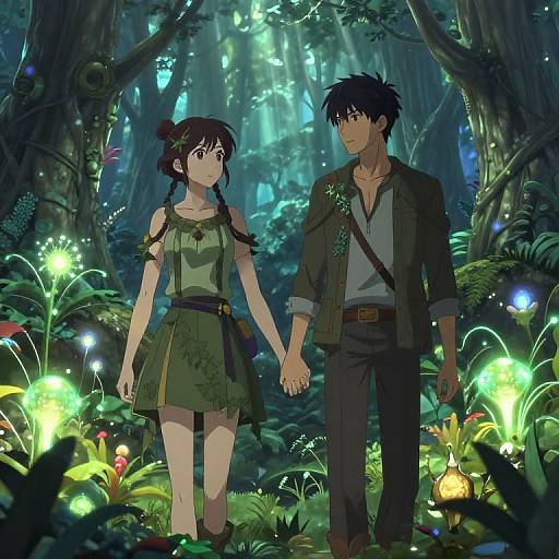 Anime-style digital illustration of a young couple holding hands in a magical, bioluminescent forest, surrounded by glowing mushrooms and plants.