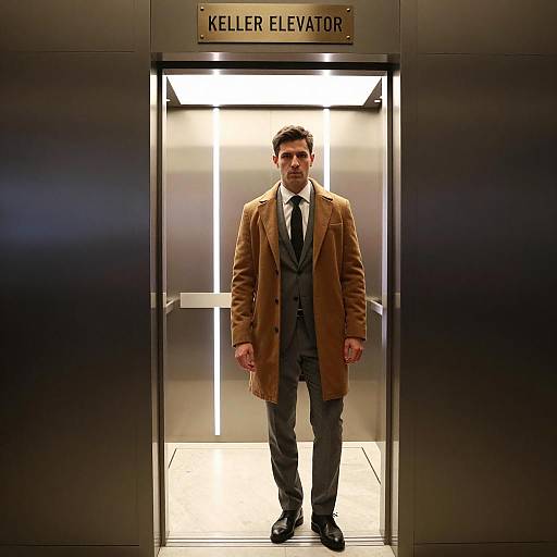 Man in Suit Exiting Keller Elevator