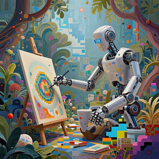 Digital painting of a robotic artist in a vibrant, futuristic forest, painting a colorful, abstract spiral on an easel. Bright colors, pixelated background