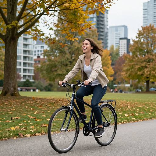 Photograph of a smiling woman with brown hair, wearing a beige jacket, white shirt, and blue jeans, riding a black bicycle on a park path