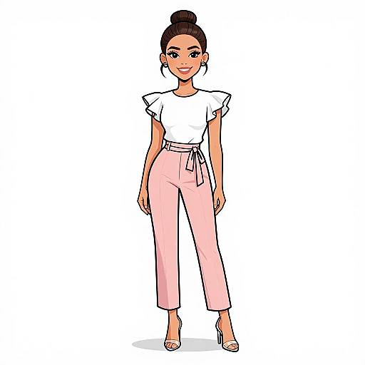 Digital illustration of a confident woman with dark hair in a bun, wearing a white top, pink high-waisted pants, and white heels.