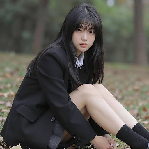 Asian Woman Sitting Outdoors in Black Blazer