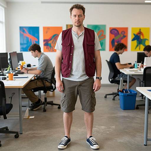 Photograph of a bearded man in a maroon vest, white shirt, and khaki shorts standing in a colorful, modern office with three seated