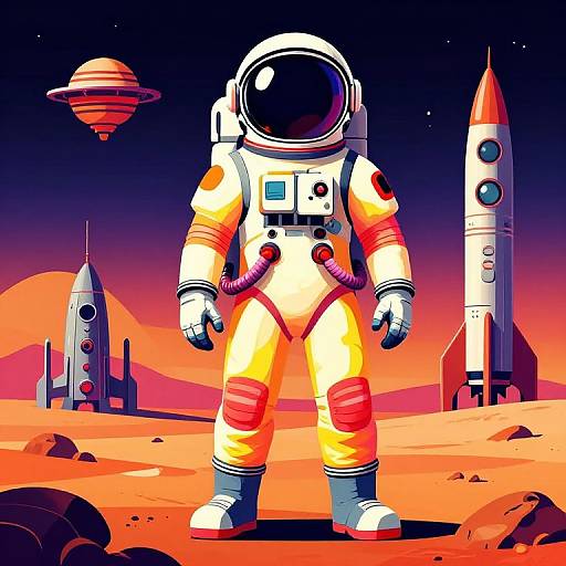 Vibrant digital illustration of an astronaut in a white spacesuit with red accents, standing on a red-orange Martian landscape with a rocket, satellite,