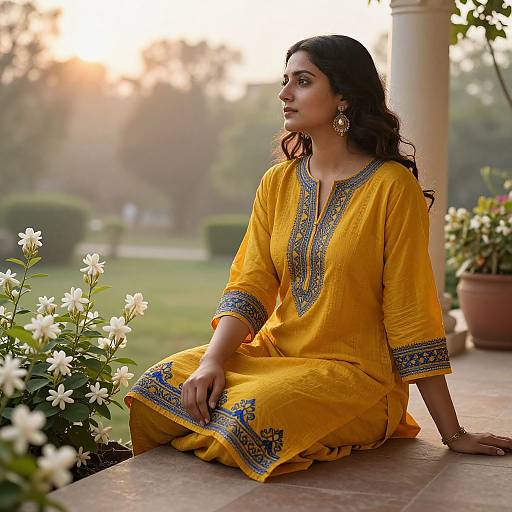 Photograph of a beautiful Indian woman with long dark hair, wearing a yellow traditional kurti with blue and gold embroidery, sitting on a tiled balcony