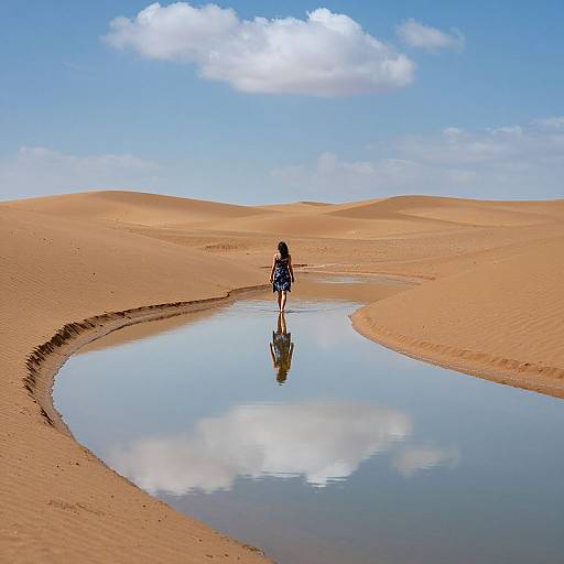 Photograph of a lone figure with a blue backpack walking on a sandy dune, reflected in a curved, shallow water pool under a bright blue sky