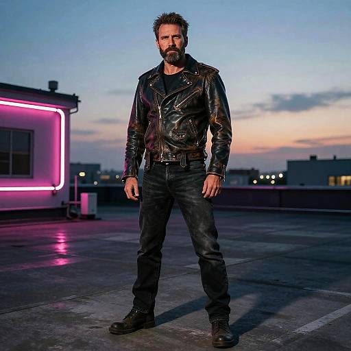 Cinematic Rugged Biker on Neon Rooftop
