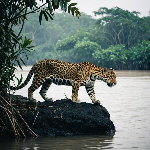 Jaguar Stalking Prey in Morning Mist